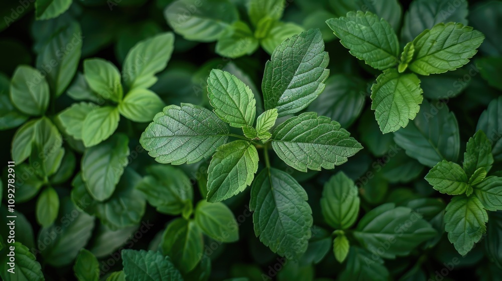 Close-up view of fresh mint leaves in vibrant green shades growing in a garden setting Close-up view of fresh mint leaves in vibrant green shades growing in a garden setting