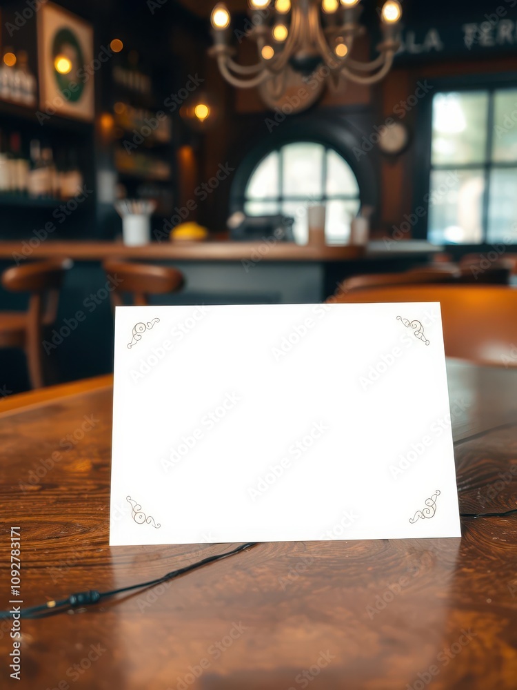 Blank paper table card with elegant design placed on a rustic wooden table in a cozy bar setting, elegant, wooden table Blank paper table card with elegant design placed on a rustic wooden table in a cozy bar setting, elegant, wooden table