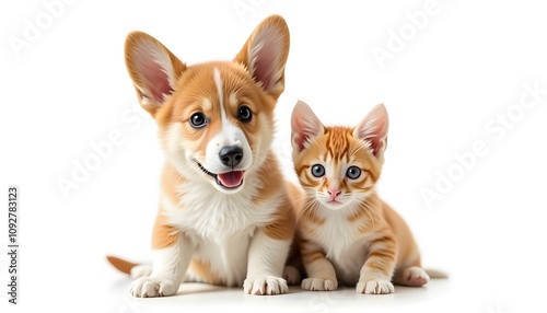 pomeranian dog and cat isolated on white