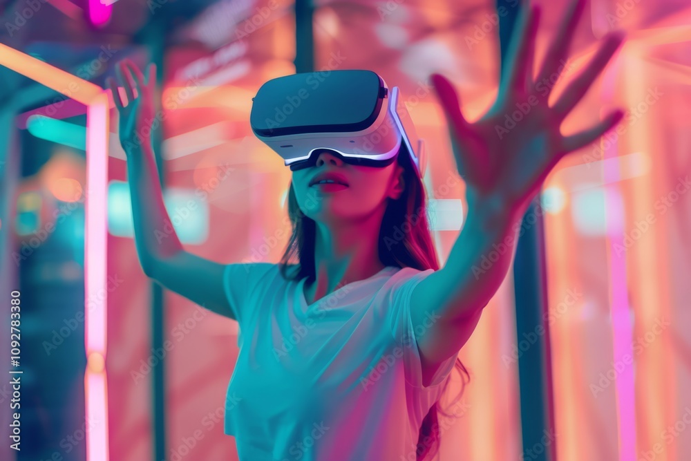 Obraz premium Woman Engaging in Virtual Reality Experience with Headset Surrounded by Neon Lights in Futuristic Environment