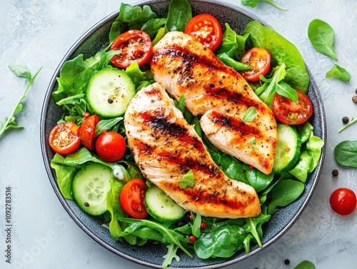 Grilled chicken breast served on a fresh salad with tomatoes and cucumbers.