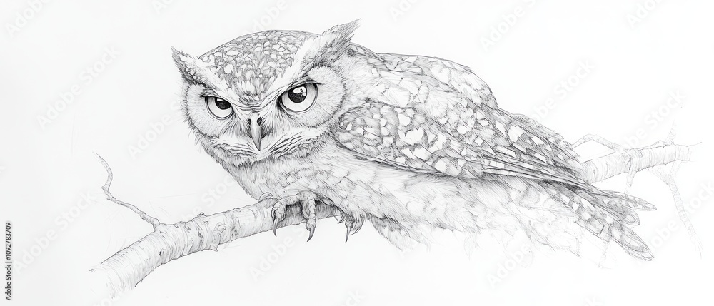 A realistic sketch captures an owl on a branch, showcasing its sharp features and focused expression in a calm, natural environment