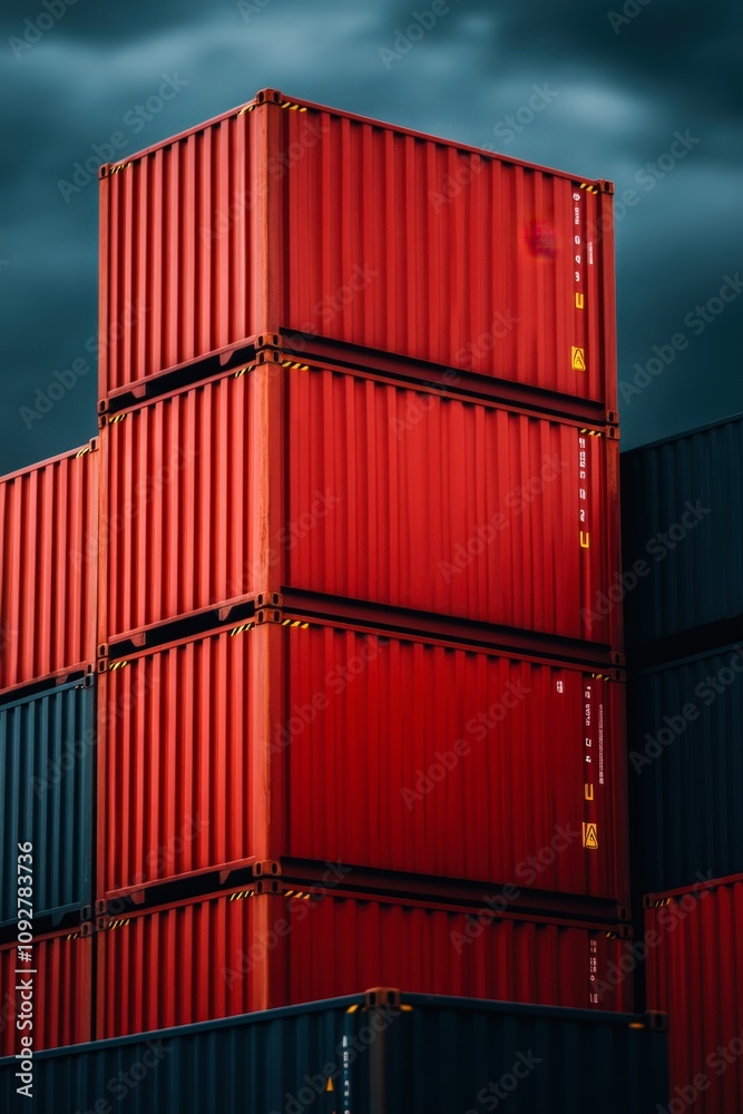 Fototapeta premium A stack of red shipping containers against a moody sky, showcasing industrial strength and logistics, Ideal for themes related to shipping, freight transport, or supply chain management,
