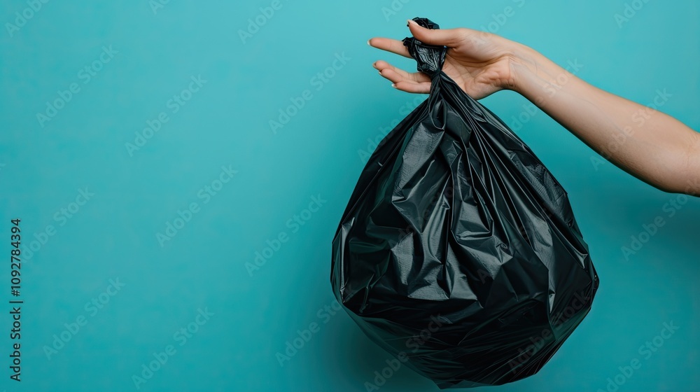 Person holding a black trash bag against a solid blue background during a cleanup activity Person holding a black trash bag against a solid blue background during a cleanup activity