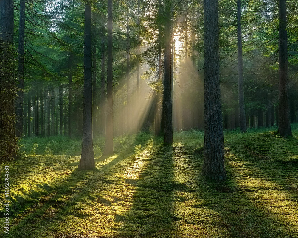 Obraz premium Soft light illuminates a peaceful forest as sunbeams shine through the tall trees, enhancing the tranquil setting, ai. 