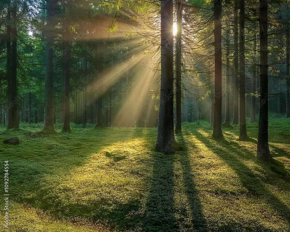 Fototapeta premium In a tranquil forest, sunbeams shine through tall trees, creating a soft, peaceful atmosphere filled with natural light, ai.