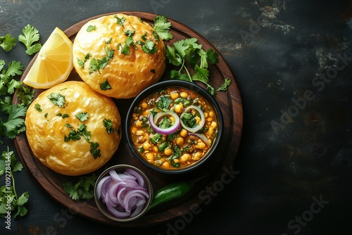 Indian cuisine - Chole Bhature with Pickles, Onions, and Chutney on Black Slate Background photo