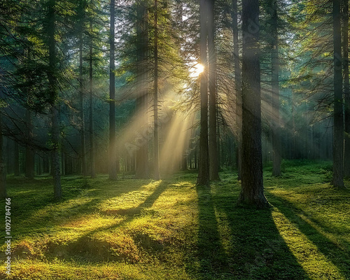 Soft light illuminates a peaceful forest as sunbeams shine through the tall trees, enhancing the tranquil setting, ai. 