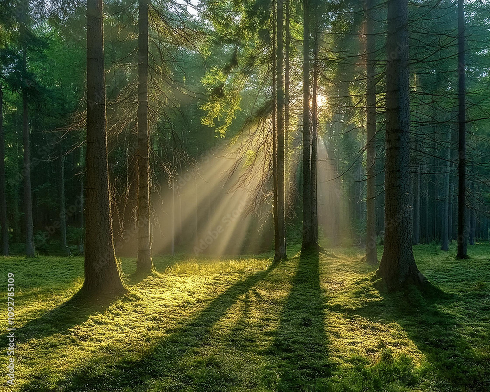 Obraz premium Soft light illuminates a peaceful forest as sunbeams shine through the tall trees, enhancing the tranquil setting, ai.