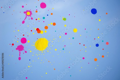 Rainbow colored splatters on a blue sky background;;