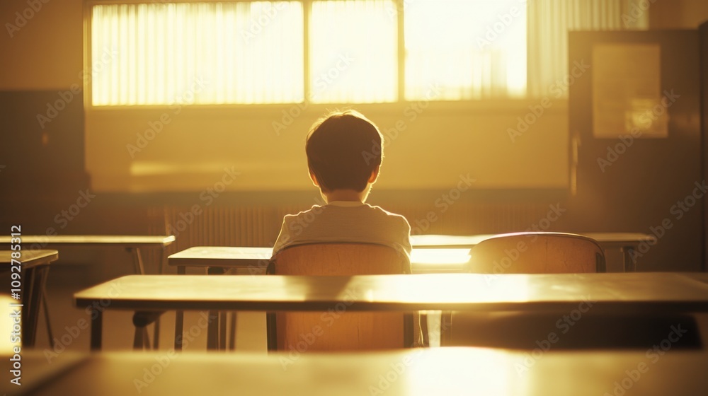 Fototapeta premium Child Seated at Desk in Soft Lit Classroom