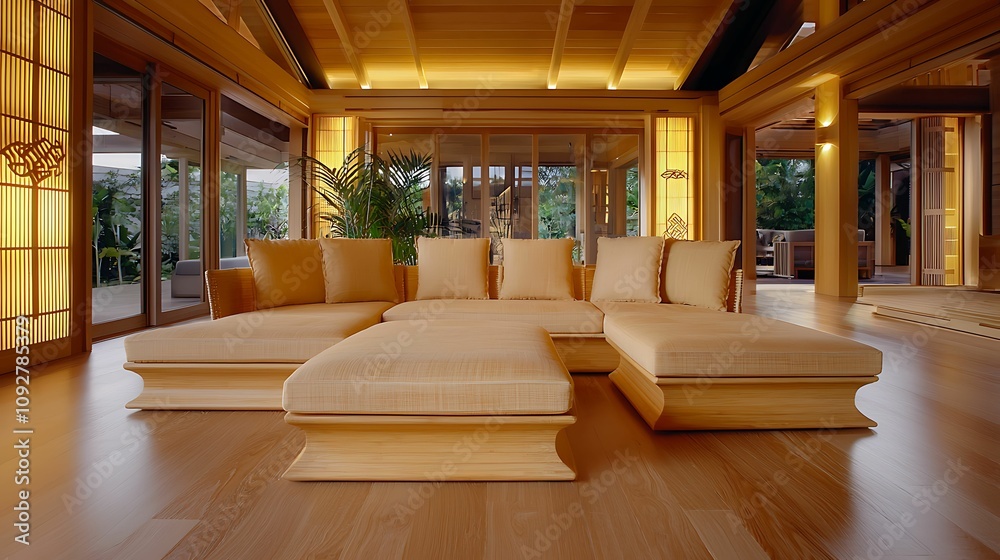 Bamboo eco-friendly of furniture. A modern, serene living space featuring a large, low seating arrangement, warm lighting, and natural elements, creating a cozy atmosphere. Bamboo eco-friendly of furniture. A modern, serene living space featuring a large, low seating arrangement, warm lighting, and natural elements, creating a cozy atmosphere.