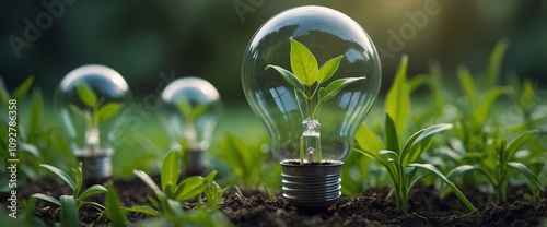 Three light bulbs with a green leaves inside, standing in the middle of a field of green plants. Peaceful and serene renewable energy header concept. Healthy eco electricity illustration concept. photo