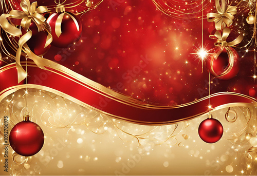 red christmas background with balls and ribbon