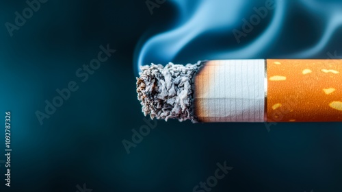 A close-up of a burning cigarette, showcasing ash and smoke against a blurred dark background, Ideal for discussions on smoking, health campaigns, or the impact of tobacco use, photo