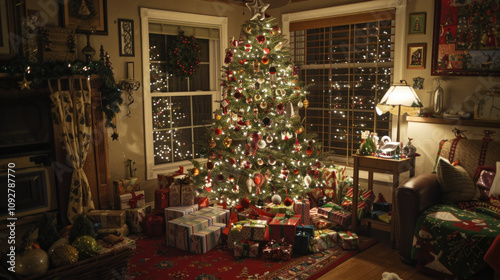 A beautifully decorated Christmas tree surrounded by wrapped presents, twinkling lights, and festive ornaments, creating a joyful and cozy Christmas atmosphere photo