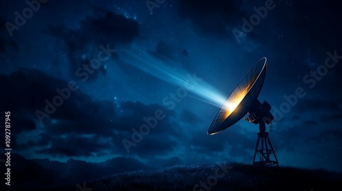 A stunning night view of a satellite dish capturing signals under a starry sky. photo