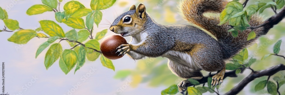 A squirrel perched on a branch holding an acorn amidst green leaves. A squirrel perched on a branch holding an acorn amidst green leaves.