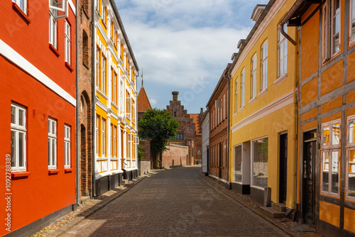 Fototapeta Naklejka Na Ścianę i Meble -  a beautiful city scape view through the small streets in the town Ribe in Denmark. With small and historic half-timbered houses in tiny alleys.