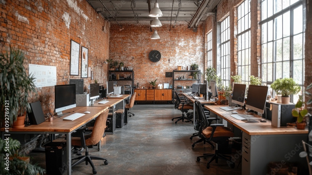 Modern workspace featuring rustic brick walls and large windows, filled with natural light, equipped with computers and greenery, ideal for creative work environments Modern workspace featuring rustic brick walls and large windows, filled with natural light, equipped with computers and greenery, ideal for creative work environments