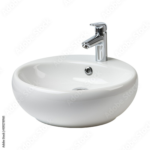 Modern round bathroom sink with chrome faucet on transparent background