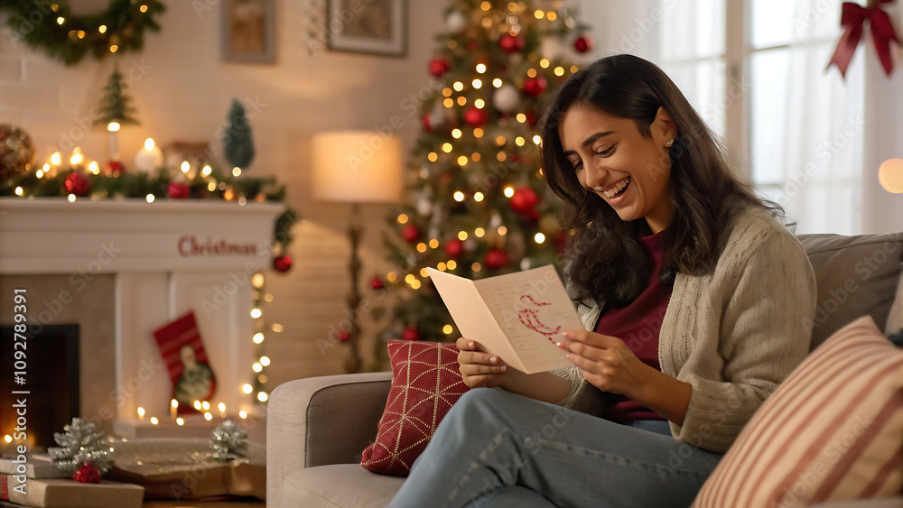 © Alisa - Happy woman reading Christmas card, note or message in home living room in winter holiday celebration. Smile, festive or Indian girl with emotional xmas greeting letter, wishes or kind gift in house © Alisa - Happy woman reading Christmas card, note or message in home living room in winter holiday celebration. Smile, festive or Indian girl with emotional xmas greeting letter, wishes or kind gift in house