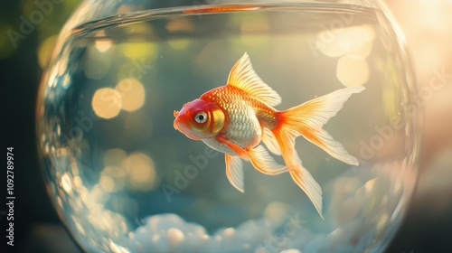 Graceful goldfish in glass bowl with soft reflections photo