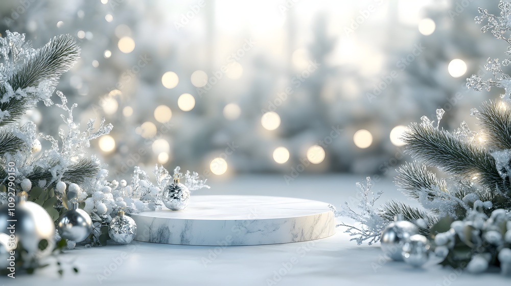 A luxurious podium surrounded by delicate crystal ornaments and frosty pine branches. The backdrop features an elegant, snowy garden with soft lights in the background, leaving plenty of room for