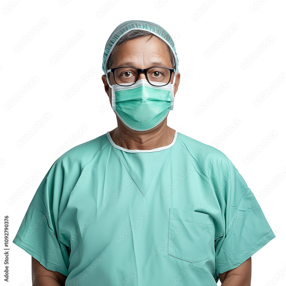 Medical professional in surgical scrubs and mask on transparent background Medical professional in surgical scrubs and mask on transparent background