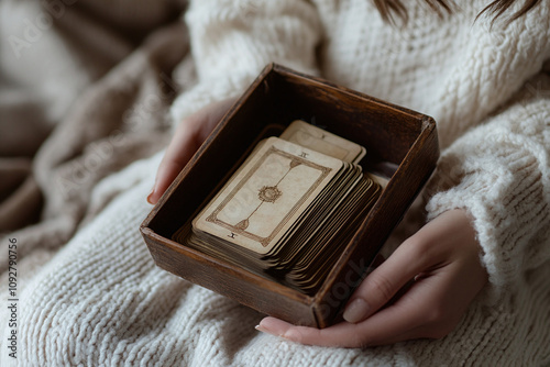 Close-up of a woman holding tarot cards and making a prediction	