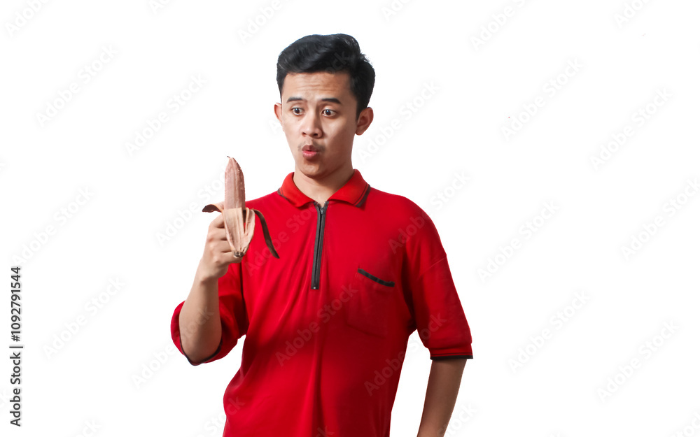 asian man holding boiled banana isolated on white background asian man holding boiled banana isolated on white background