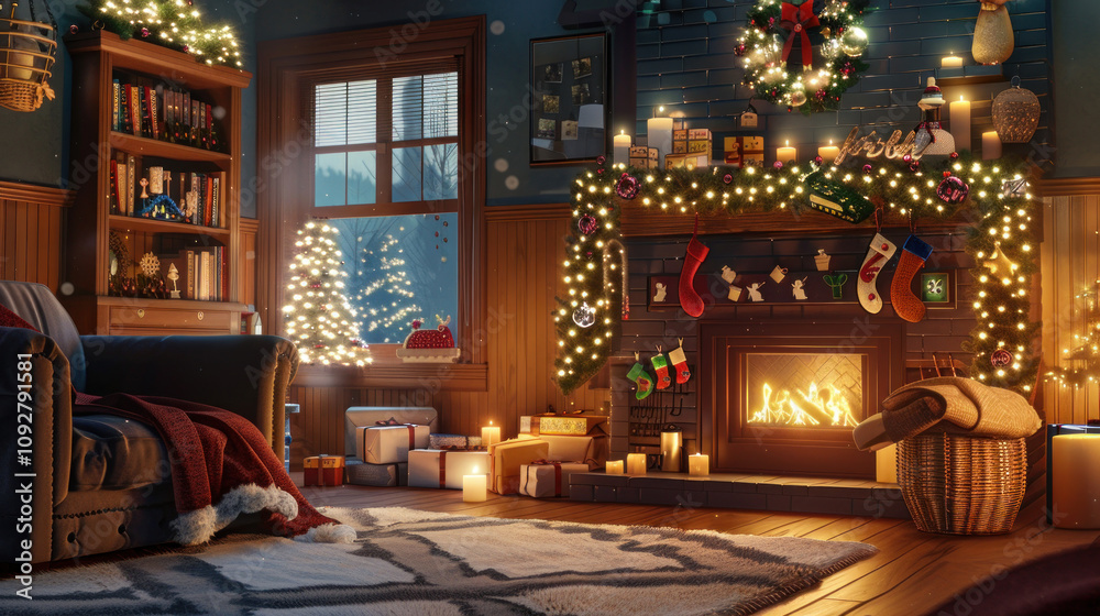 A cozy living room scene with a Christmas countdown calendar, holiday decorations around the fireplace, creating a warm, joyful holiday-time atmosphere A cozy living room scene with a Christmas countdown calendar, holiday decorations around the fireplace, creating a warm, joyful holiday-time atmosphere