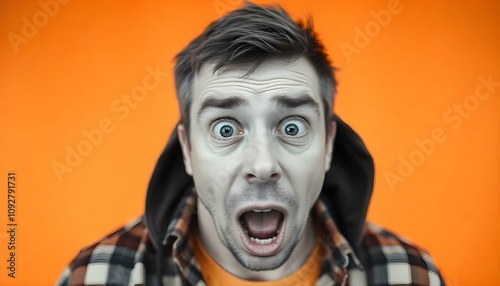 portrait, halfbody, surprise, person, expression, emotion, eyebrows, openmouth, astonished, shocked, amazed, reaction, human, face, isolated, background, clean, white, closeup, excited, curious,  photo