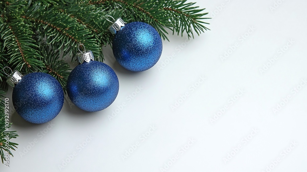White background with blue and silver Christmas decorations, with space for text on the right side White background with blue and silver Christmas decorations, with space for text on the right side