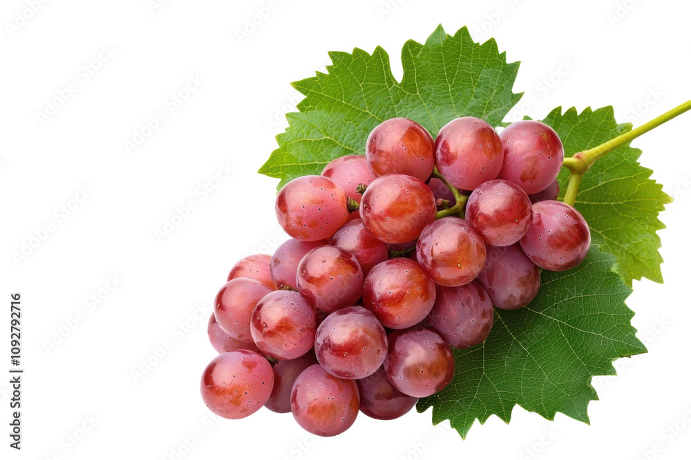 Fototapeta premium A bunch of red grapes with leaves on a transparent background, PNG clipart cutout.