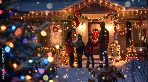 A family decorating their house with bright holiday lights, standing outside in the snow, enjoying the beauty of their festive display