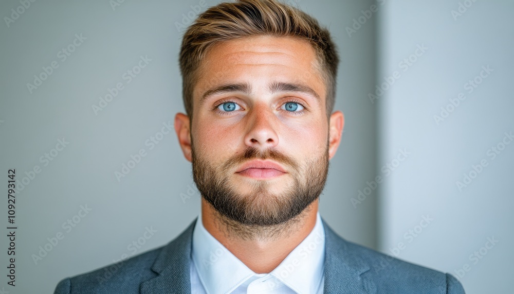 Smartly dressed man with blue eyes and a beard stares confidently at the camera Smartly dressed man with blue eyes and a beard stares confidently at the camera