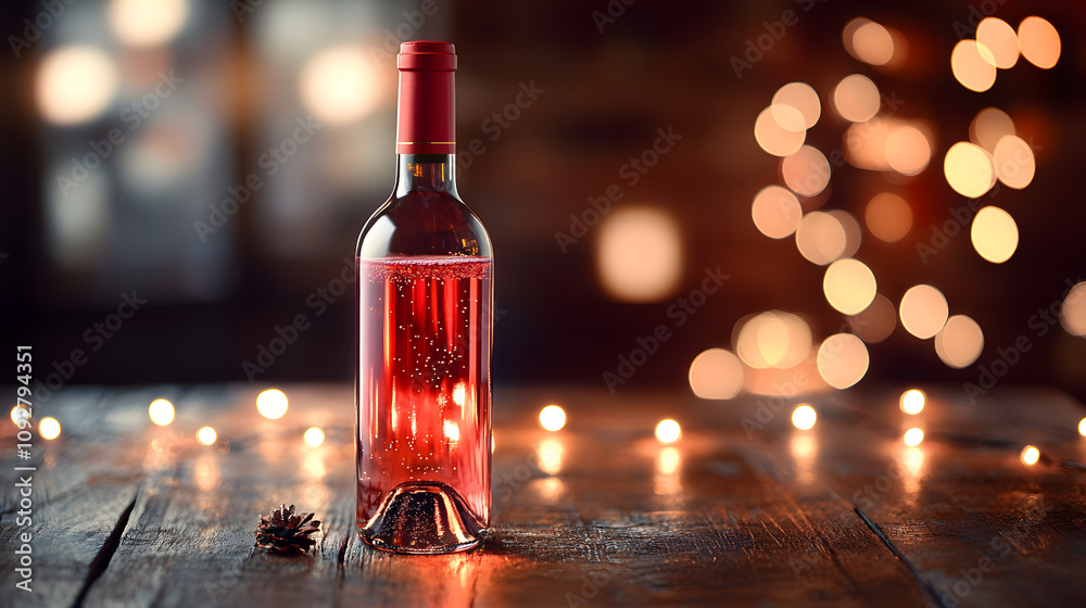 Aesthetic Presentation of Mulled Wine Bottle on Rustic Table with Glowing Fairy Lights for Winter Gatherings Aesthetic Presentation of Mulled Wine Bottle on Rustic Table with Glowing Fairy Lights for Winter Gatherings