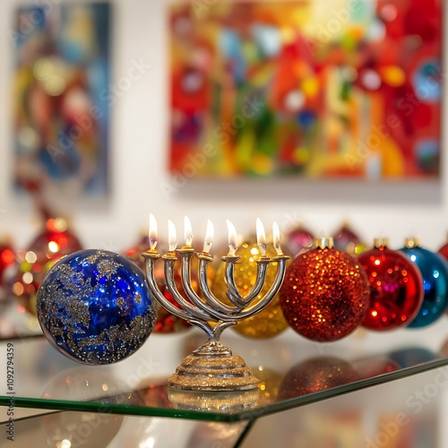 Festive celebration with colorful ornaments and menorah art gallery holiday decor indoor close-up seasonal joy photo