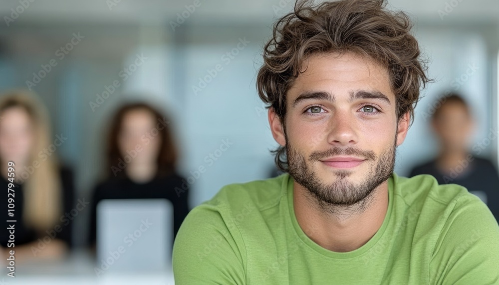 A young man in a green shirt smiles while colleagues engage in discussion behind him A young man in a green shirt smiles while colleagues engage in discussion behind him