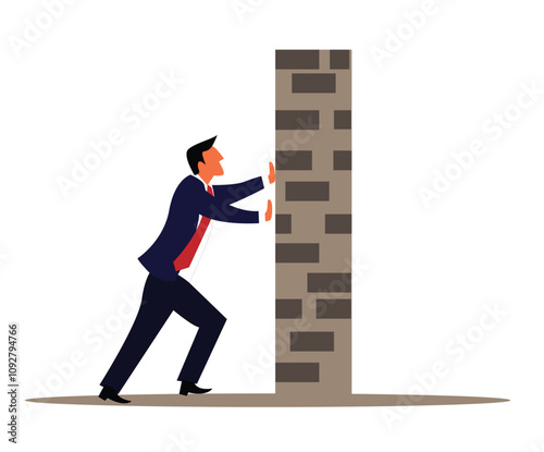 Businessman Pushing a Wall Isolated on White. Doing business, overcoming obstacles and difficulties vector art