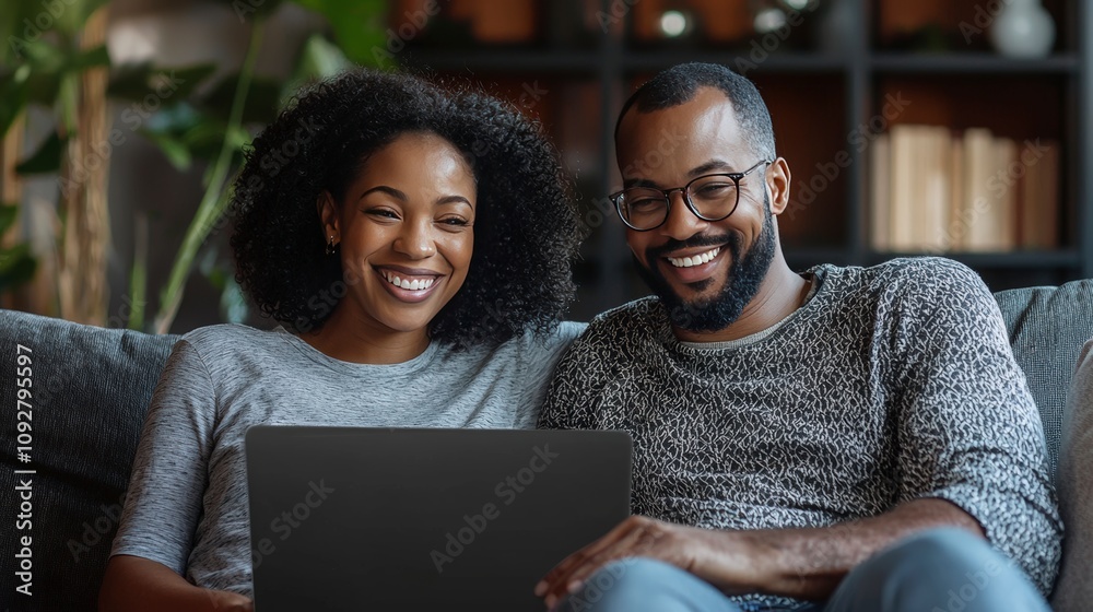 A loving couple sits together on a couch, looking at their laptop, smiles lighting up their faces. The atmosphere is filled with joy, comfort, and intimate connection. A loving couple sits together on a couch, looking at their laptop, smiles lighting up their faces. The atmosphere is filled with joy, comfort, and intimate connection.