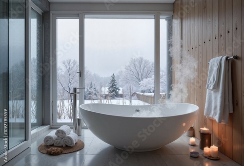 Minimalist bathroom with steaming bath, frosted window, candles, towels.