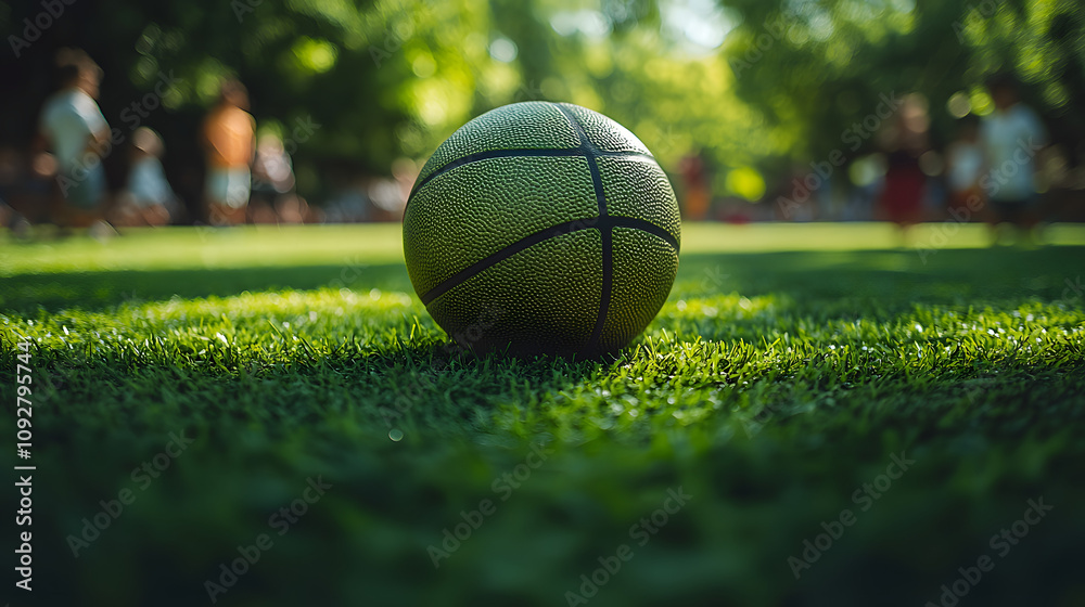 Childhood Bliss: A Light Green Basketball on a Grassy Field Surrounded by Joyful Children Playing Childhood Bliss: A Light Green Basketball on a Grassy Field Surrounded by Joyful Children Playing