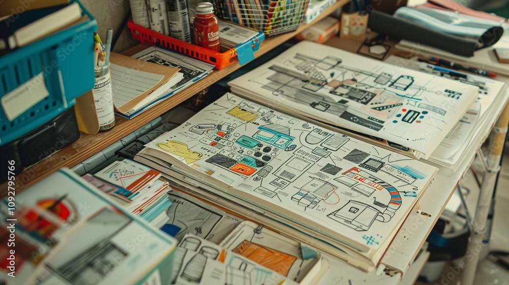 Cluttered Creative Workspace with Sketches Diagrams and Design Plans Spread Out on a Desk Colorful Art Supplies Stationery and Tools Surround the Organized Chaos Cluttered Creative Workspace with Sketches Diagrams and Design Plans Spread Out on a Desk Colorful Art Supplies Stationery and Tools Surround the Organized Chaos
