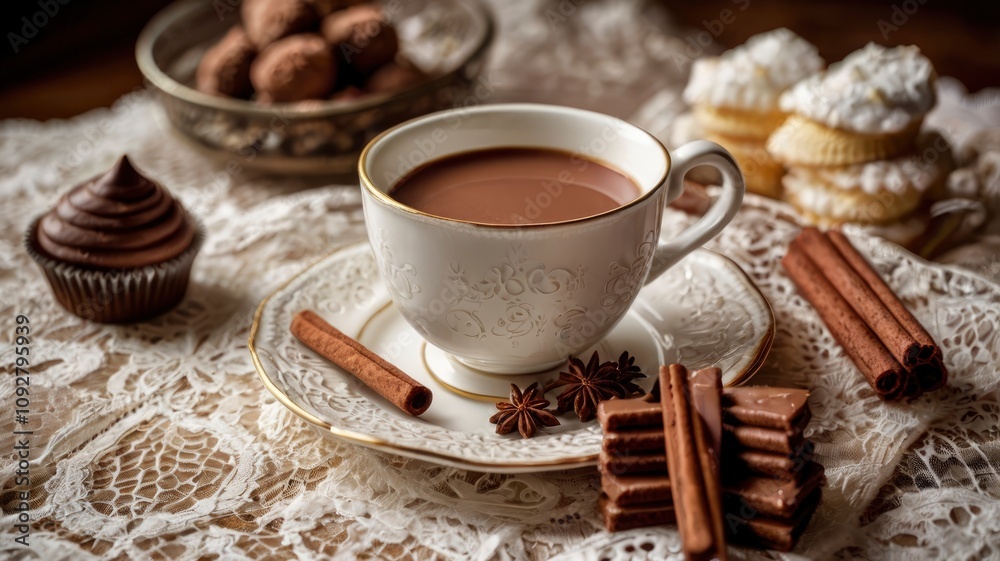 A cup of spiced cocoa on a lace tablecloth alongside sweet treats in a cozy setting A cup of spiced cocoa on a lace tablecloth alongside sweet treats in a cozy setting