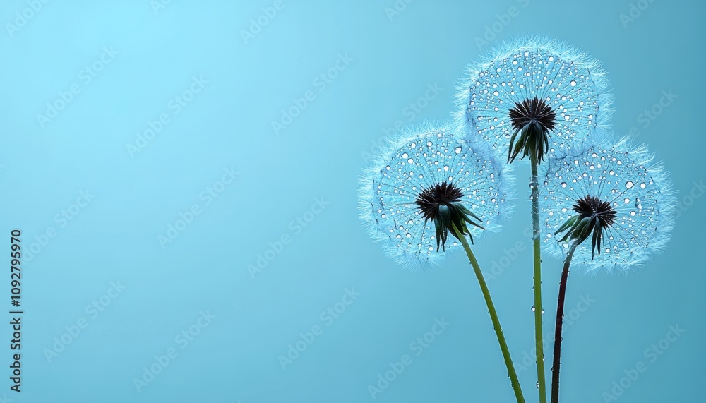 Fototapeta premium Dandelion seed heads display tiny droplets, set against a calming blue backdrop