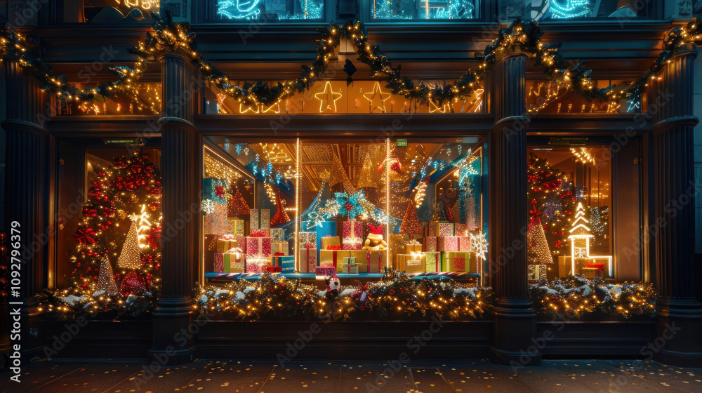A joyful holiday window display in a city, with festive lights and decorations, capturing the magic of the holiday season for passersby A joyful holiday window display in a city, with festive lights and decorations, capturing the magic of the holiday season for passersby