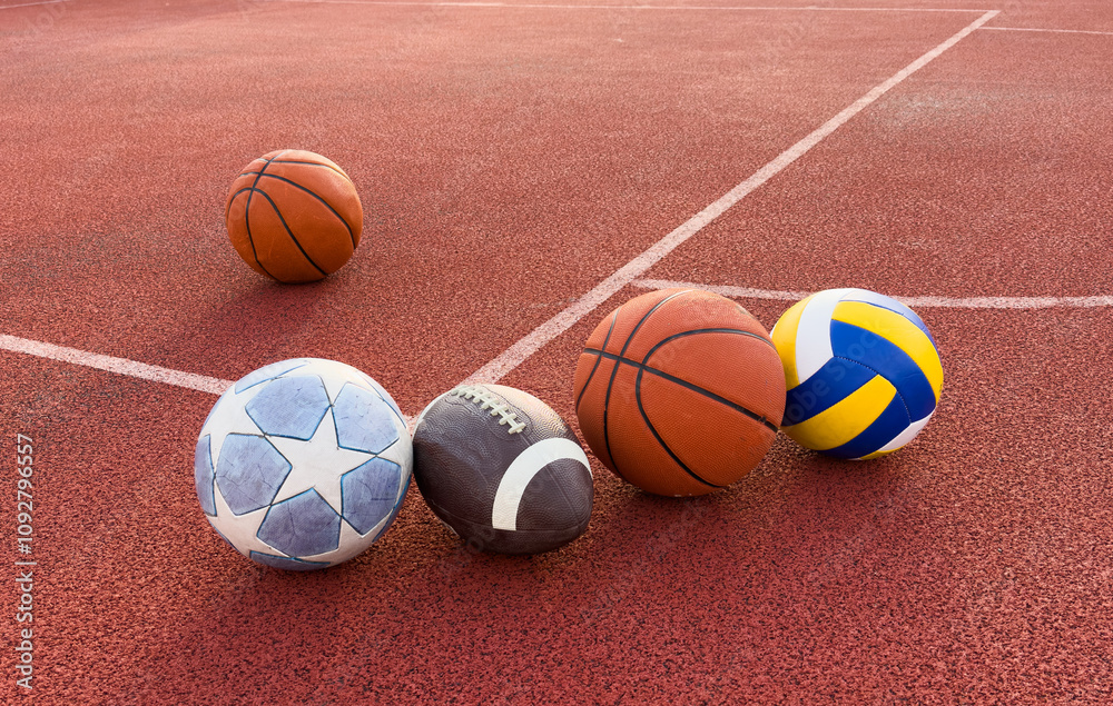 Sport games equipment - balls, rackets - on court. Sport games equipment - balls, rackets - on court.