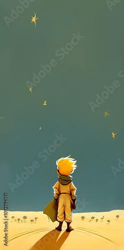A dreamy digital illustration of a small child gazing at the stars, evoking a sense of wonder and adventure. Ideal for storytelling, children's themes, or whimsical decor.